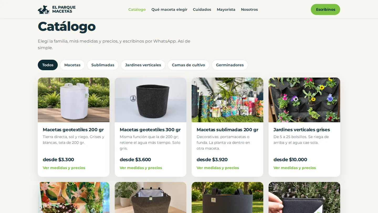 El catálogo nuevo: filtros por familia (macetas, sublimadas, jardines verticales, camas de cultivo, germinadores) y tarjetas con foto, nombre, para qué sirve cada producto y su precio desde.