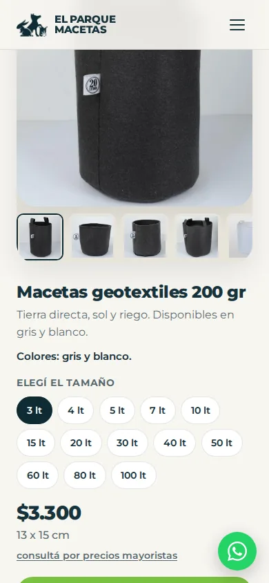 Ficha nueva en el móvil: nombre, para qué sirve, colores, selector de tamaño de 3 a 100 litros, precio y medida en centímetros.