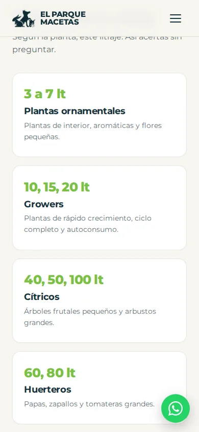 La guía «qué maceta elegir» en el móvil: el litraje recomendado según la planta (ornamentales, growers, cítricos, huerteros). Antes no existía.