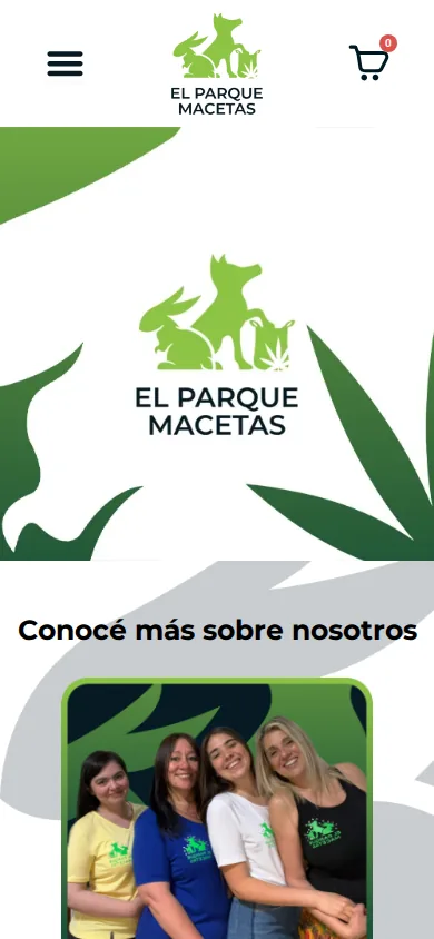 Portada anterior en el móvil: la pantalla entera la ocupan el logo y unas hojas de fondo; debajo, «Conocé más sobre nosotros» y una foto del equipo. Ni producto ni botón.