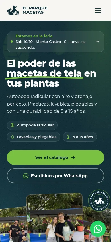 Portada actual en el móvil: aviso de la próxima feria, titular sobre las macetas de tela, tres ventajas y los botones «Ver el catálogo» y «Escribinos por WhatsApp», todo en la primera pantalla.