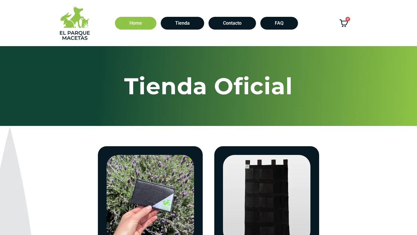 La tienda anterior: un gran rótulo «Tienda Oficial» sobre un degradado verde y debajo dos productos sin nombre ni precio a la vista.