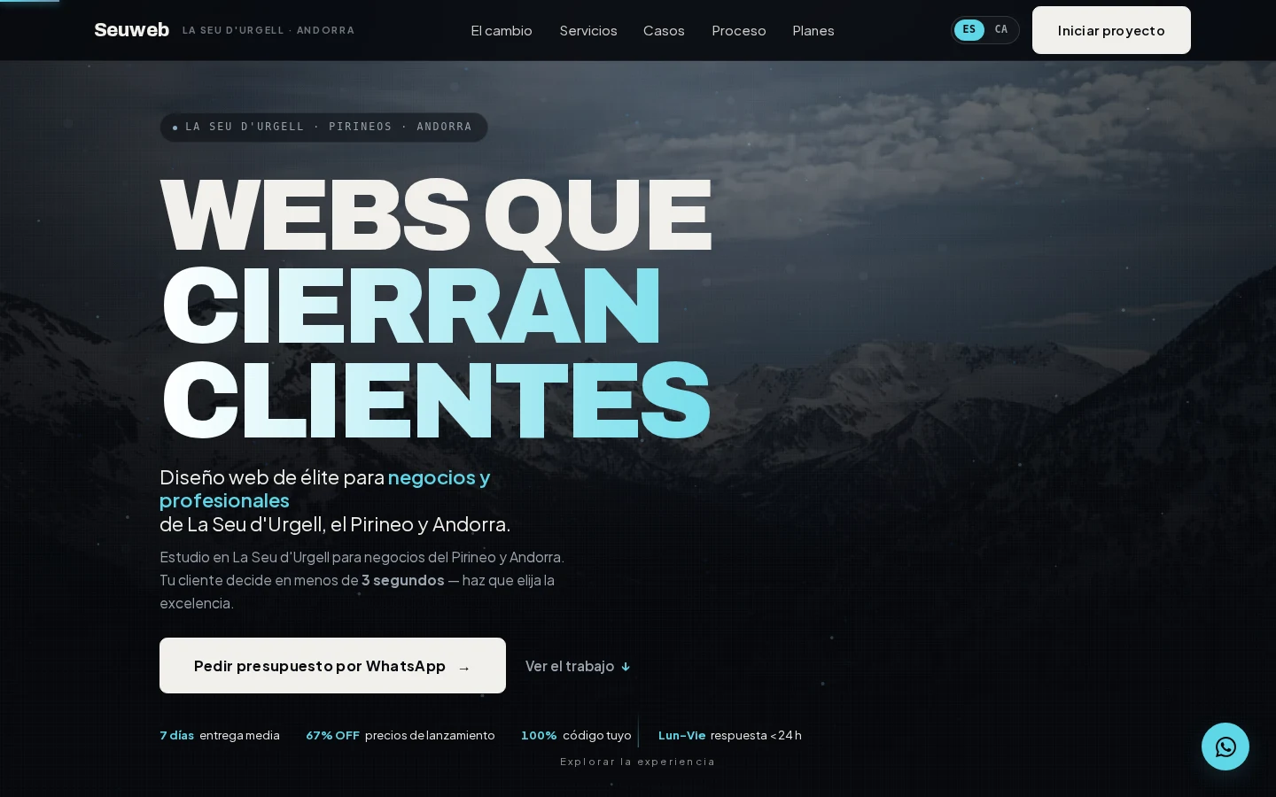 Captura de Seuweb: hero cinematogràfic natiu amb neu volumètrica, god rays, partícules i disseny premium sense dependències pesades
